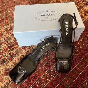 SOLD: Rare Prada Calzature Donna Naplak Logo Patent Leather Slingback Heels